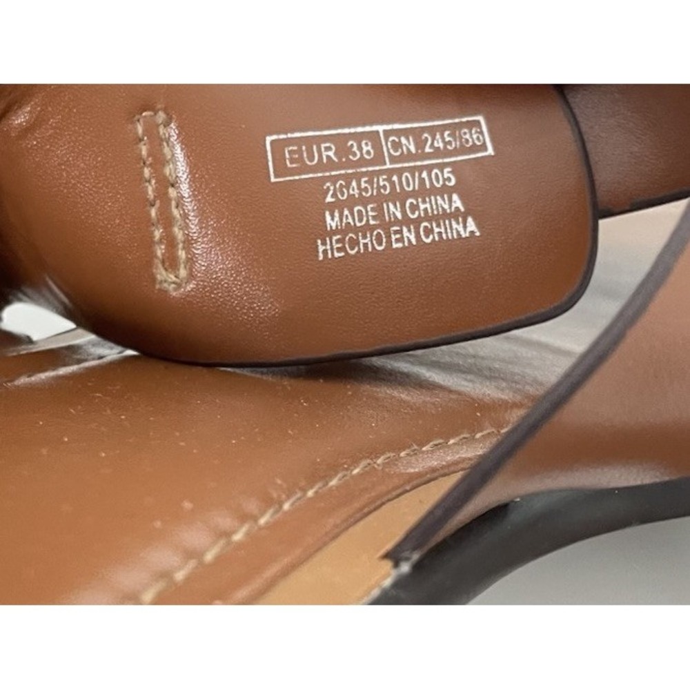 Zara Brown Leather Gold Double Buckle Flat Slide Sandals Size 38 US 8 - Picture 3 of 5